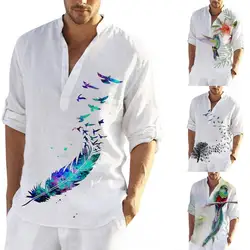 Plus Size Mens Long Sleeve Casual Shirts Male Fashion Top Pullovers Sexy Men clothing 2022 Summer New Feather Birds Print Blouse