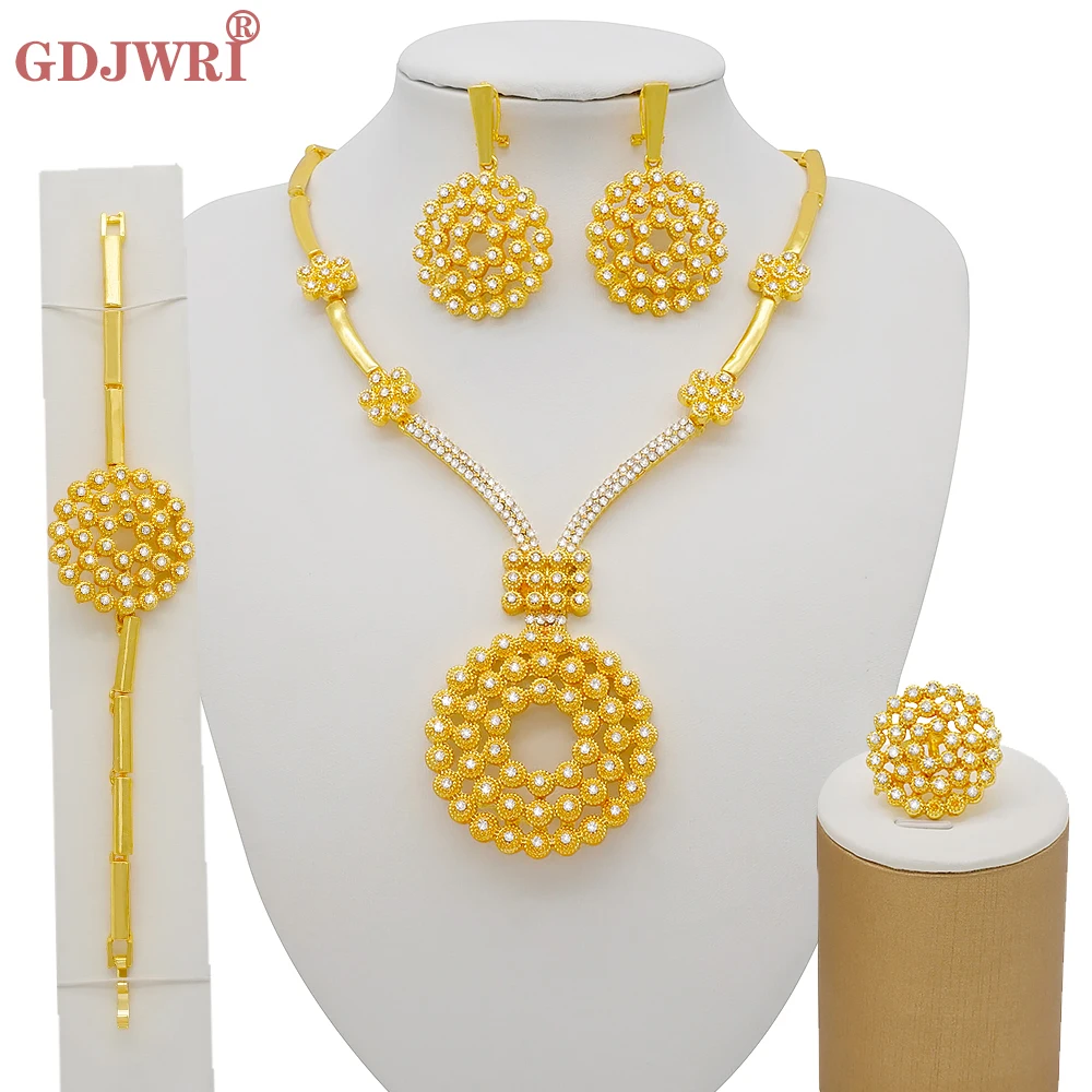 

Dubai Gold Color Jewelry Sets For Women Crystal Round Statement African Necklace Earrings Bracelet Ring Set Wedding Party Gift