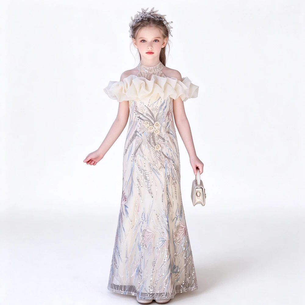 High End Girls Prom Pageant Evening Wedding Party Mermaid Dress Off Shoulder Princess Kids Birthday Violin Show Gown Champagne