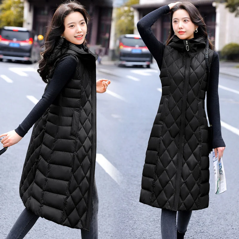 

New Women's Casual Long Down Cotton Vest Winter Warm Waistcoat Fashion Windproof Hooded Parka Female Overcoat Chaleco Mujer 4XL