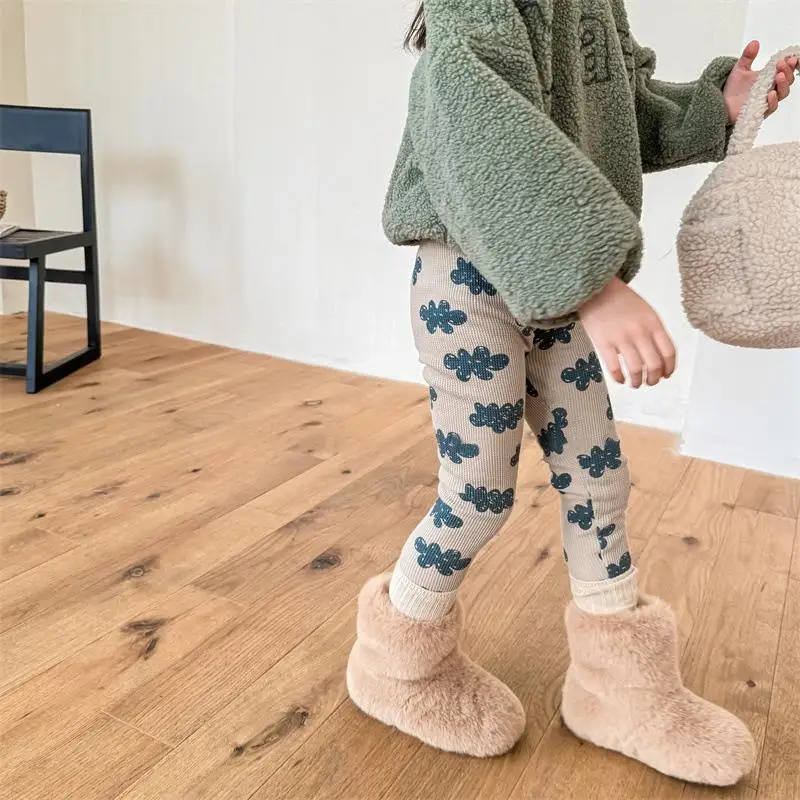 Baby Plush Thick Bottom Pants Autumn and Winter New Korean Version Fashion Girls\' Printed Soft Pants Elastic Warm Leggings