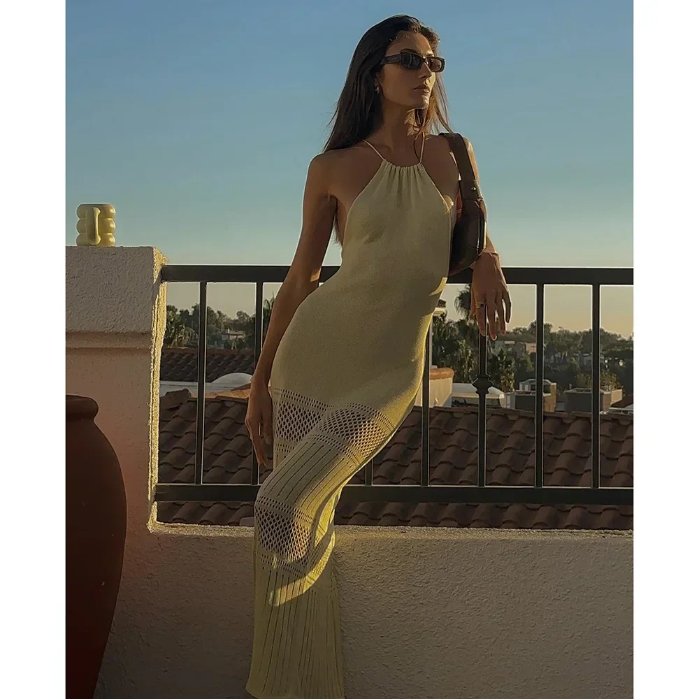2024 Kintted Cover Up Beach Sexy Durchsichtiges Maxi Mesh Bodycon Sommerkleid Bikinis Cover-ups Elegantes Neckholder-Strandkleid