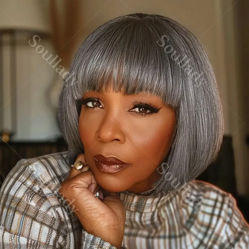 

Soul Lady Chic Salt & Pepper Straight Short Bob Wig With Bangs Real Human Hair Glueless Wigs For Seniors Wear To Go