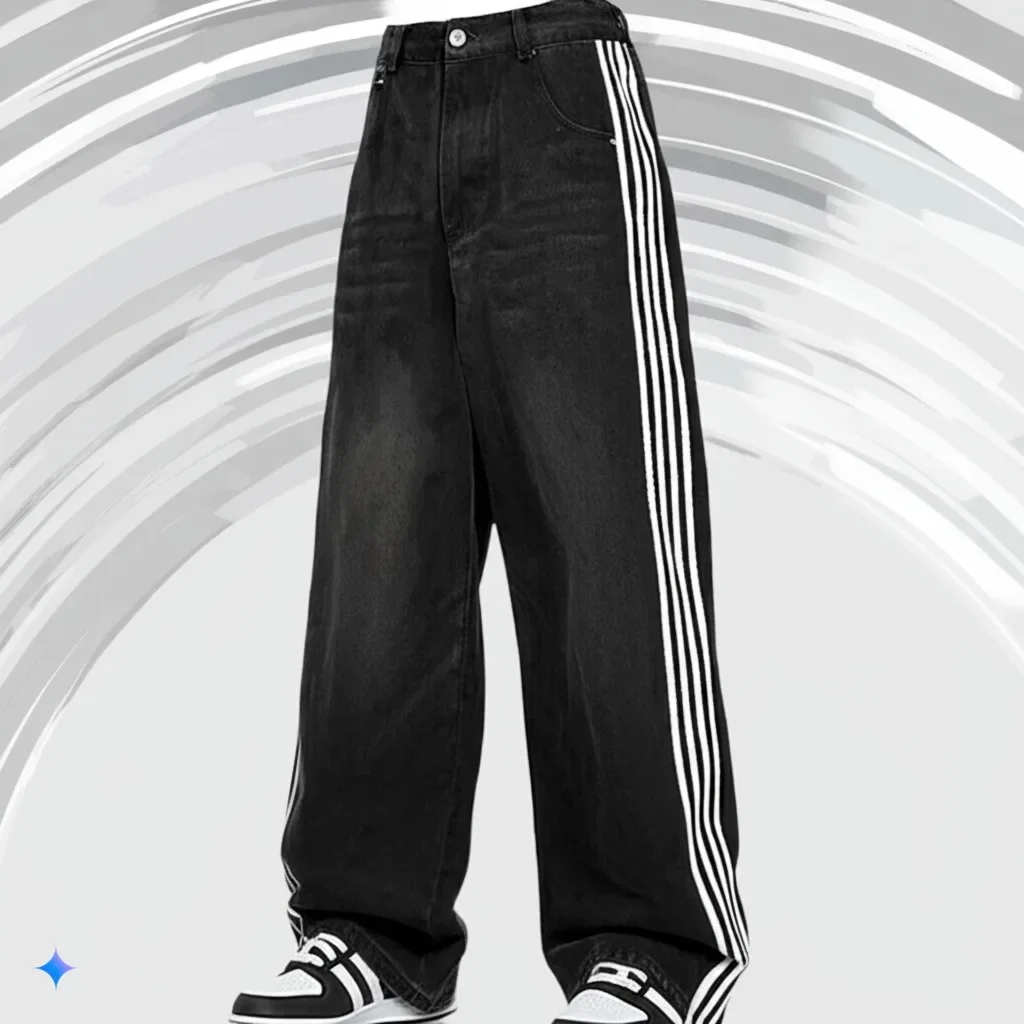 2025 Men's loose jeans vintage striped embroidered high waisted jeans men's women's casual pants Harajuku street loose wide leg