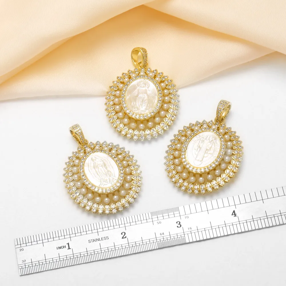 OCESRIO Big Virgin Mary Pendant Copper Gold Plated Shell Pearl Charms for DIY Catholic Necklace Jewelry Making Crafts pdtc003