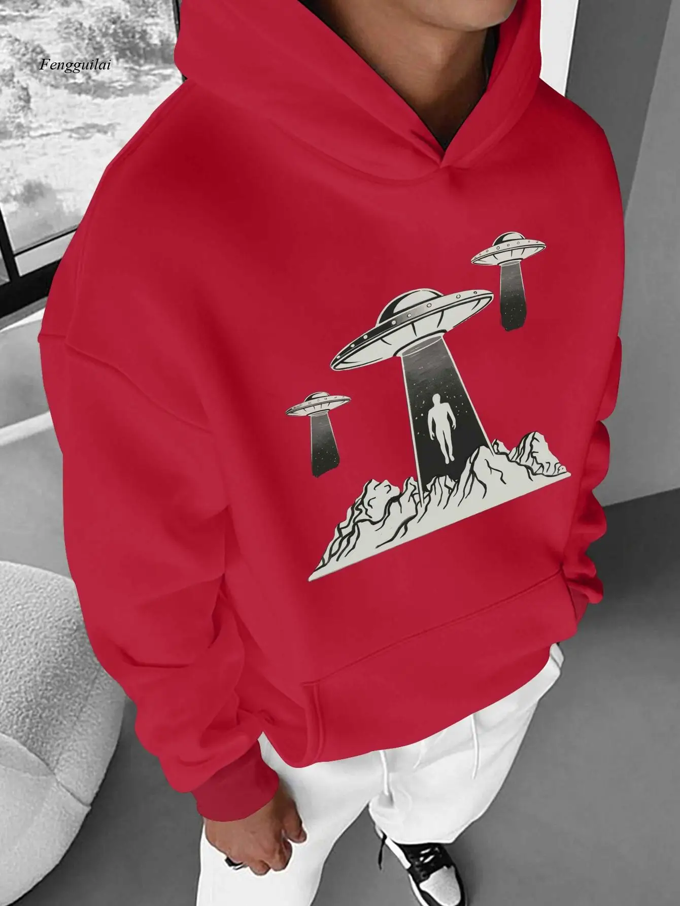 

Повседневная толстовка с НЛО и принтом человеческого силуэта, трикотажная ткань, длинный рукав, неэластичный, свободный крой, с карманом