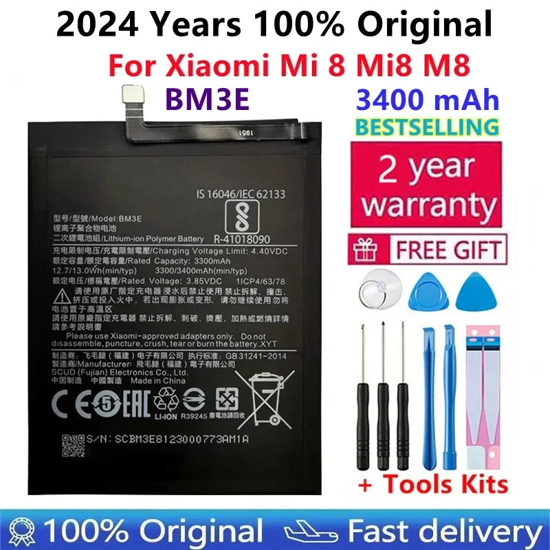 2024 100% Original Phone Battery BM3E For Xiaomi Mi 8 Mi8 M8 Real 3400mAh High Quality Replacement Battery Free Tools+Stickers