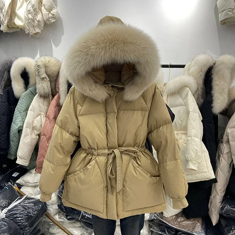 2024 Winter Women's Down Jackets Ultra Light Warm Coat Female Jacket Woman With a Belt Hooded Parka Big Fur Collar Overcoat