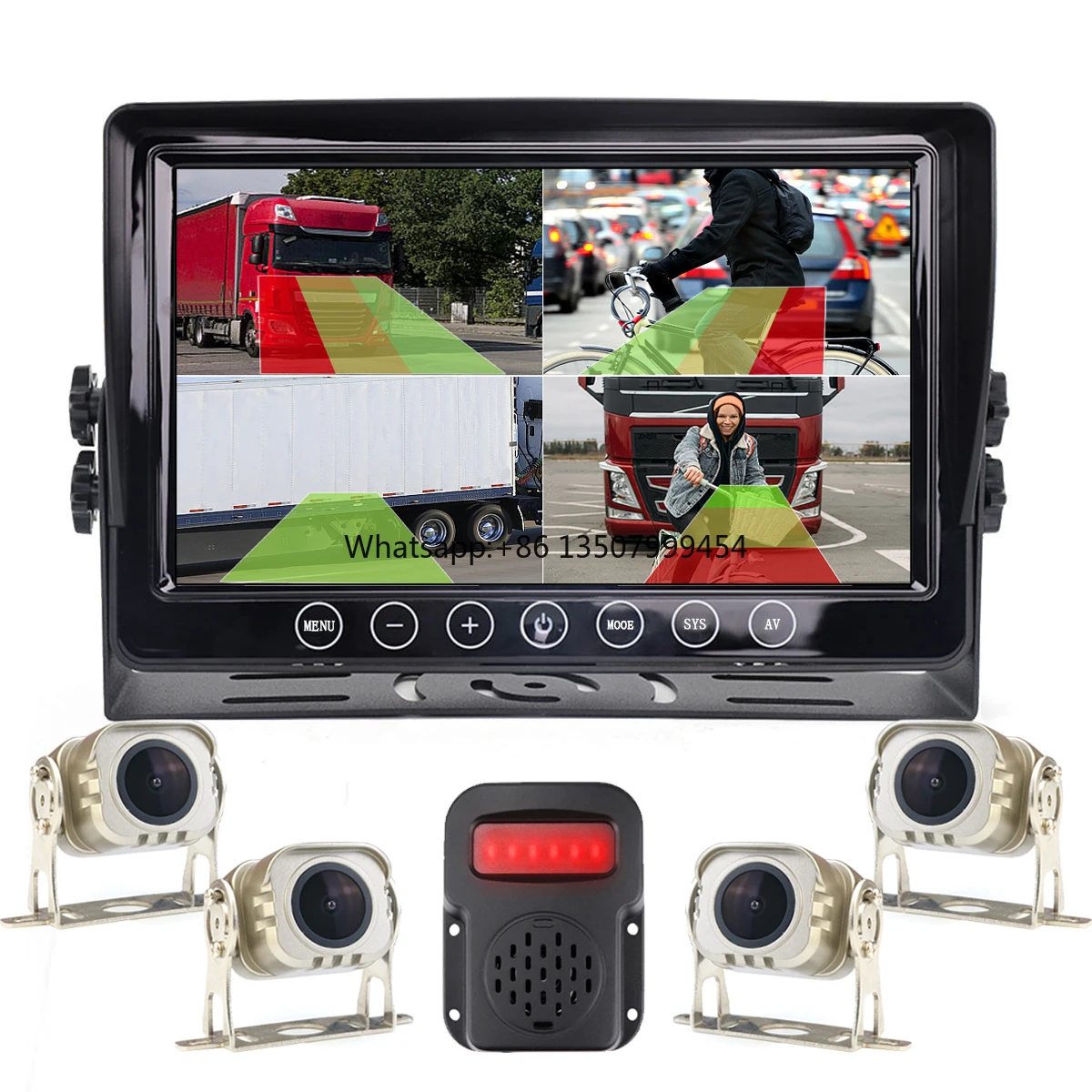 

PWAS 9 Inch Touch Button Screen DVR Monitor 4ch BSD AI Detection Sound Light Alarm System 4 Cameras Rear View AHD 1080P Truck Rv