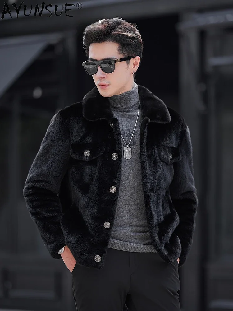 AYUNSUE Natural Fur Coat Mink Jackets for Men Clothing 2023 Fashion Single-breasted Real Mink Fur Coats Winter Outwear Jaquetas