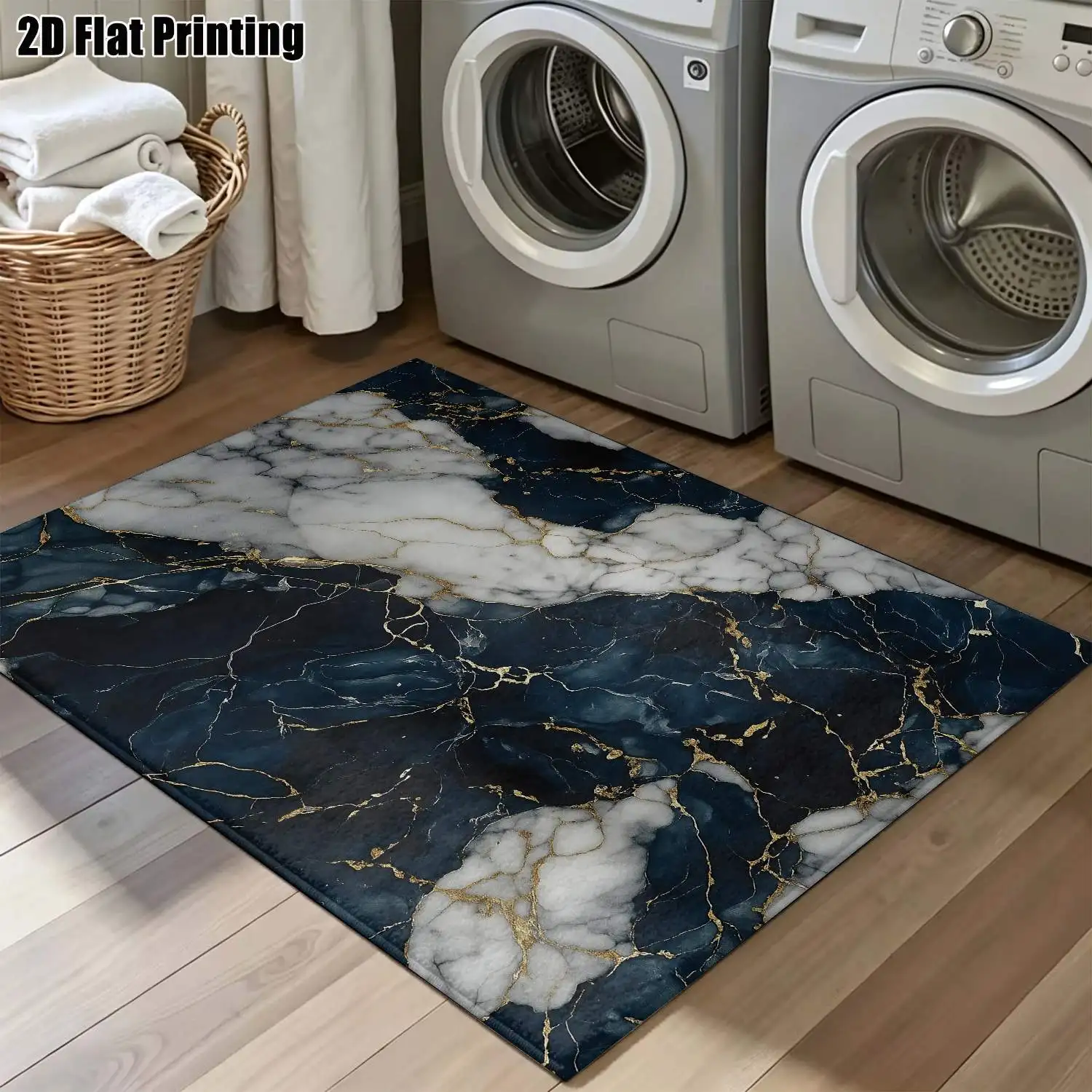 1Pc 2D Printed Carpet, Blue-White-Black-Gold Marble Pattern, Nordic/Instagram Style, Modern Minimalist Abstract Art Home Decor Floor Mat, Multiple Sizes, Machine Washable, Suitable for Entrance/Dining/Foyer/Living Room/Bedroom/Study