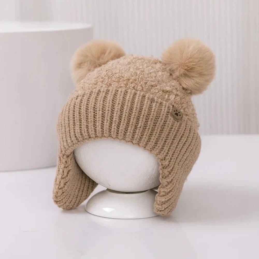 

Cute Double Hairball Baby Hat Warm Wind-proof Pom Hat Solid Color Thicken Ear Protection Hat Winter