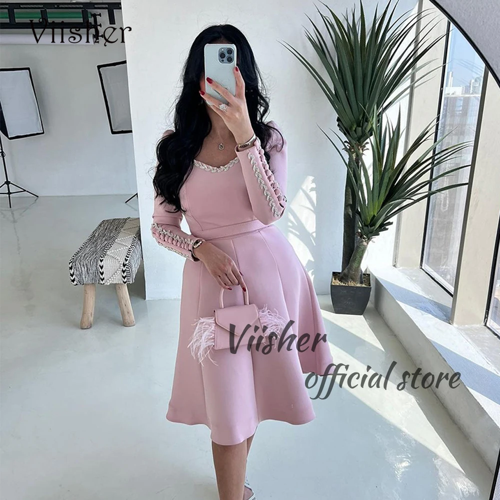 

Viisher Dusty Pink Evening Prom Dresses Long Sleeve Square Neck Formal Occasion Dress Beaded Satin Arabian Evening Party Gowns