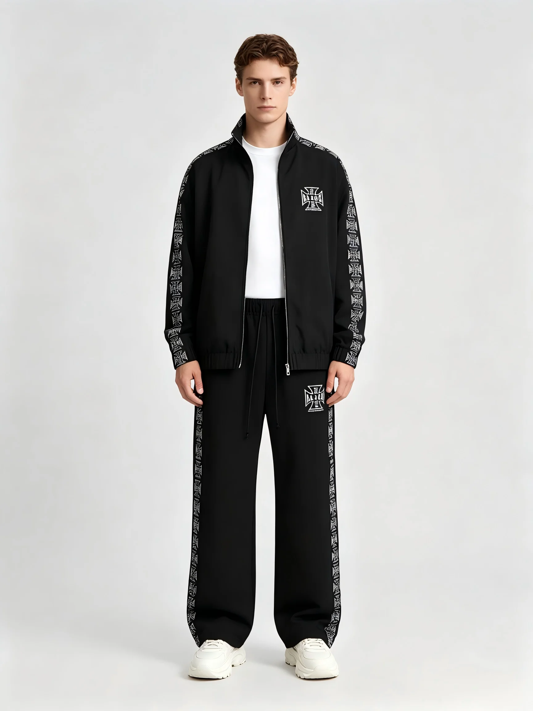 INS High Street Loose Stand-Collar Sweater 2026 Spring Outer Set, Trendy Gothic Street Cardigan Printed Sweater