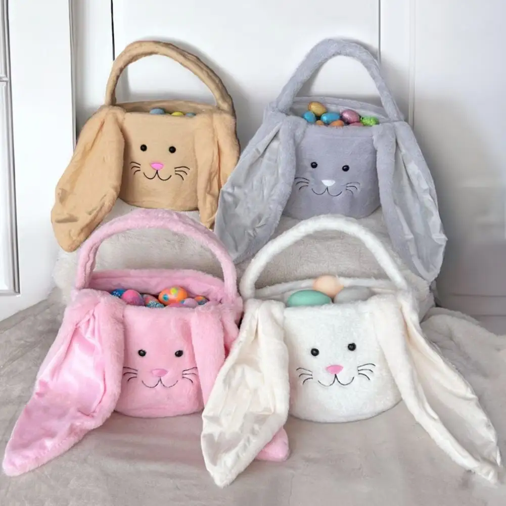 

Easter Bunny Basket Fluffy Bunny Easter Basket for Boys Girls Plush Bunny Face Treat Bag Monogram Egg Hunt Decor Kids Gift
