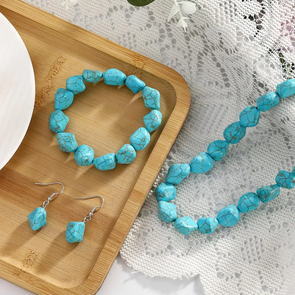 

Irregular Turquoise Beads Elastic Bracelet Nelace Earring Pendant Set Cross-Border een Lapis Lazuli Jewelry Accories