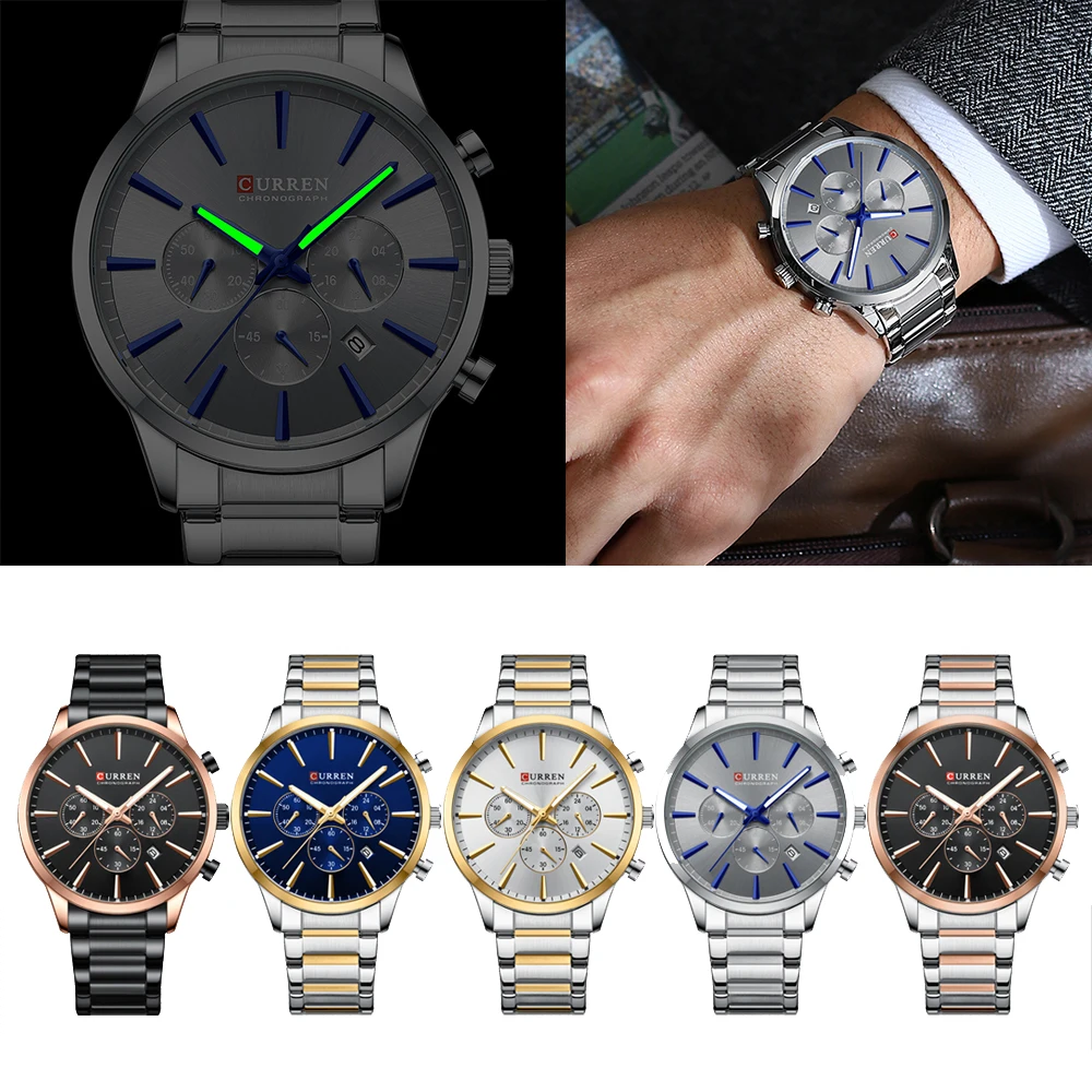 CURREN Casual Sport Watches Men\'s Quartz Chronograph Stainless Steel Bracelet Wristwatches with Date Male Clock