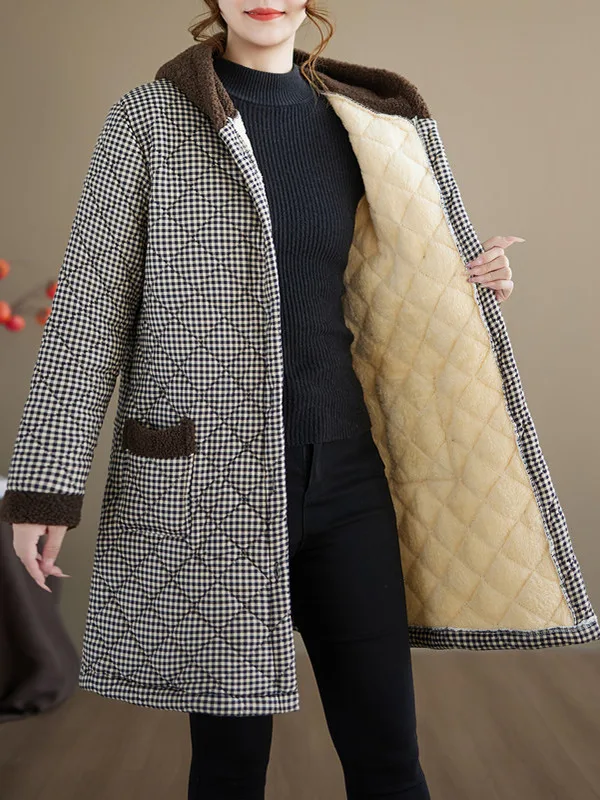 Jaet-Damen-Wintermantel aus verstärkter Baumwolle, warm, kariert, mit Kapuze, mittellang, mit FCE-Futter, Mutterkleidung, Pendelkleid, bedruckt