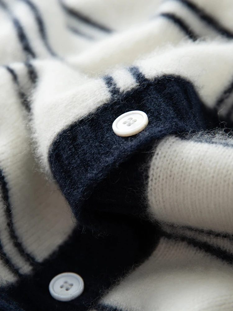 

Women's O-neck Cardigan 100% Cashmere Knit Sweater Striped Long Sleeve Coat Autumn Winter Thick Casual Grace Clothing Tops