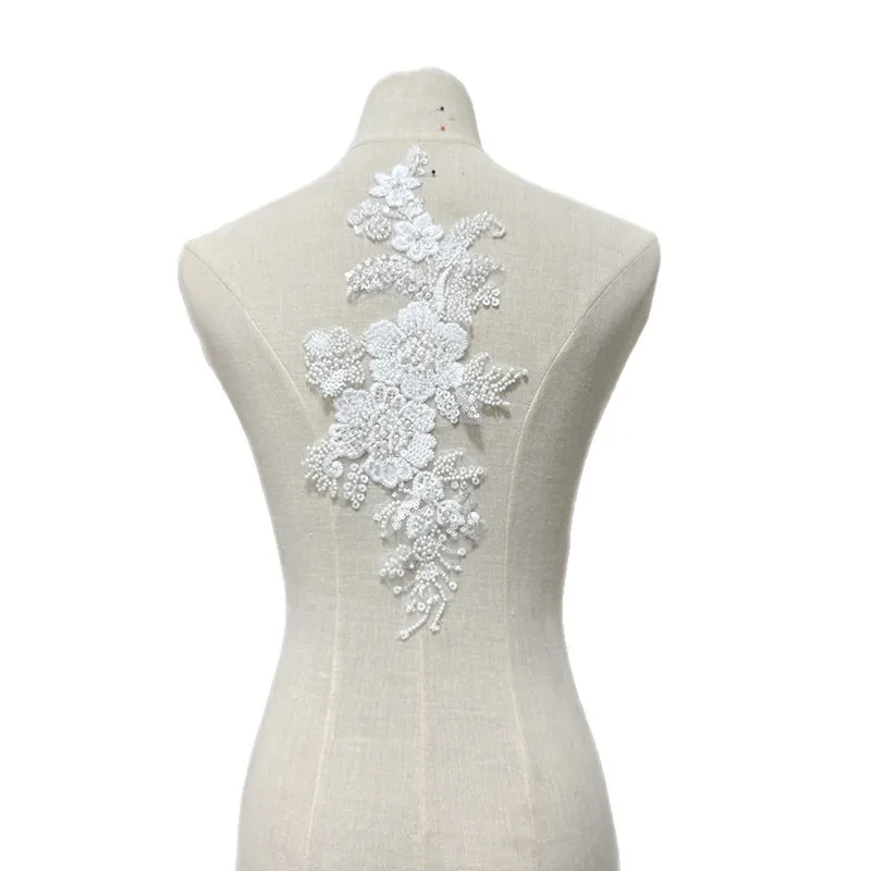 

New Artificial Silk High - End Custom Wedding Dress 3D Beaded Lace Flowers Off - white DIY Decoration Materials