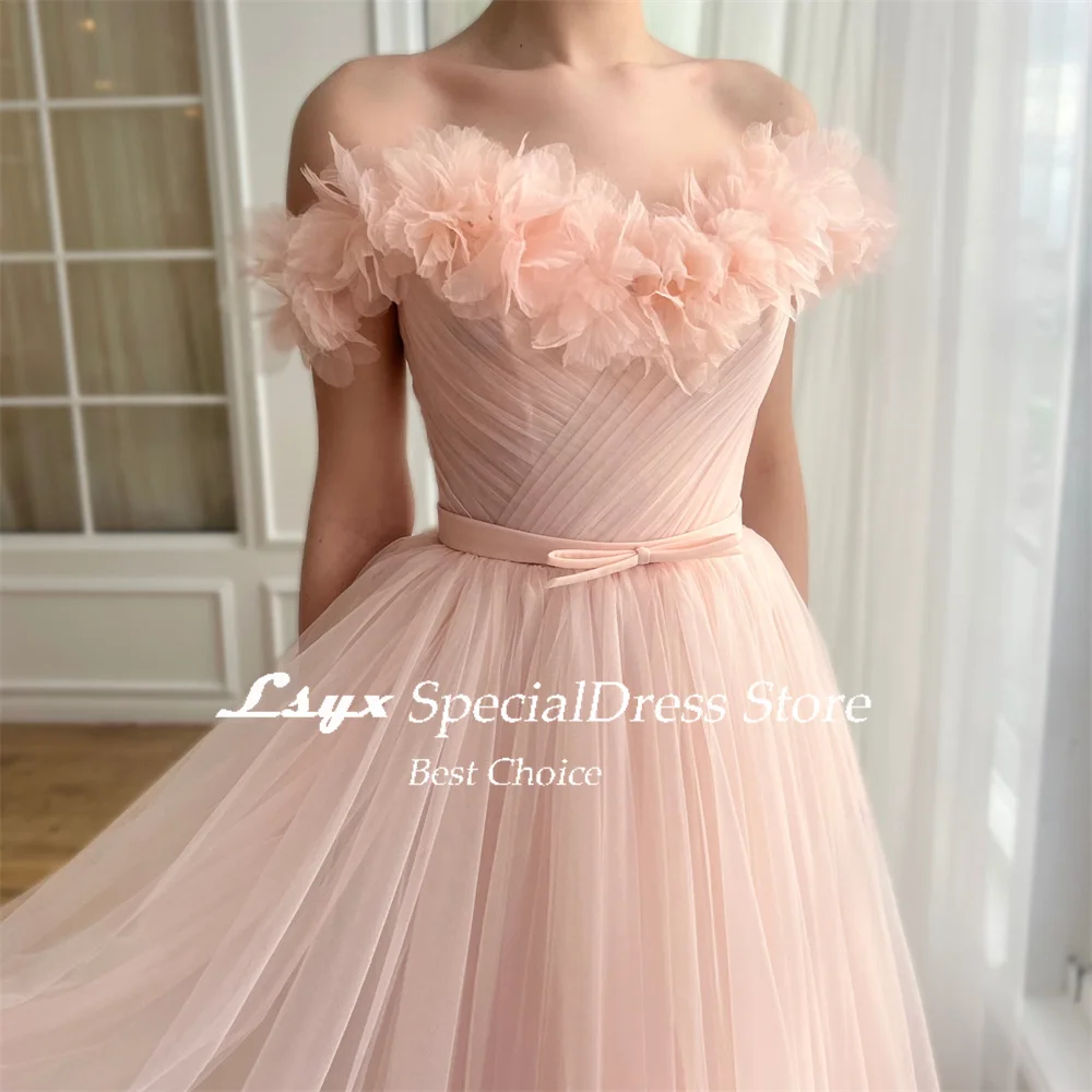 LSYX Off Shoulder Flowers Sweetheart Pastrol Evening Gown Tulle Tea-Length A-line Lace-up Back Prom Dress