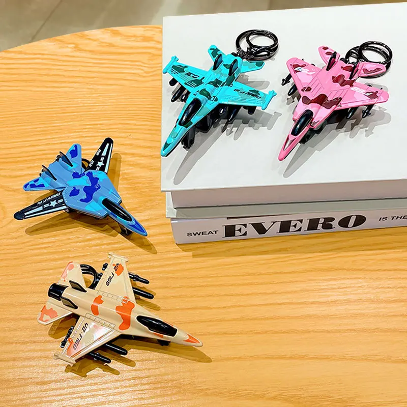 Creative Cartoon Simulation Fighter Aircraft Toy Model Keychain Pendant Inertia Aircraft Desktop Ornament Pull Back Car Boy Gift