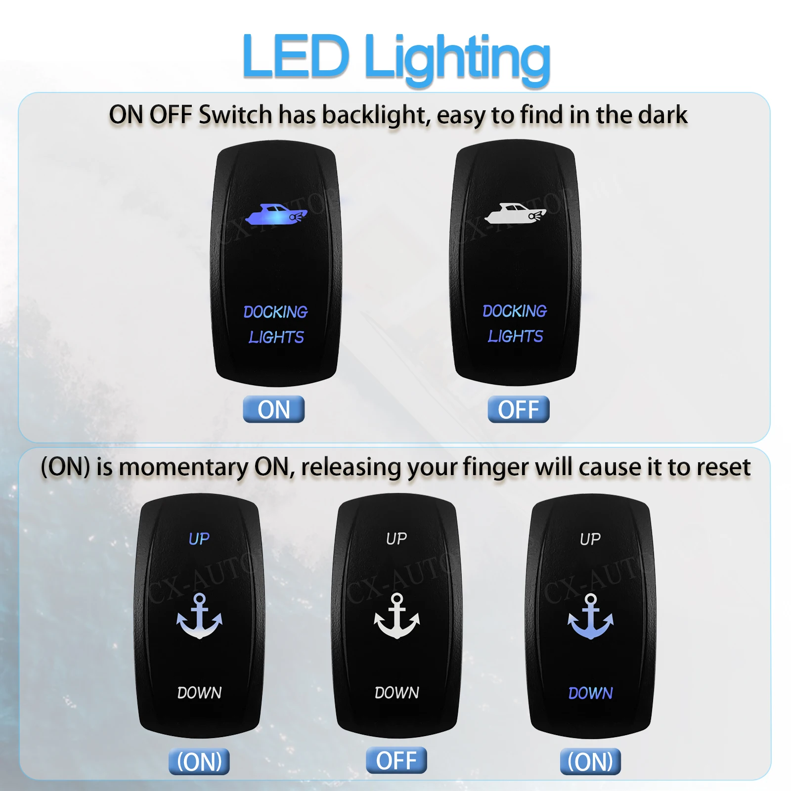 Marine Grade IP66 Rocker Switch ON-OFF / ON-OFF-ON Momentary Toggle 12-24V for Fishing Boat Trim Tabs Anchor Live Well System view 5