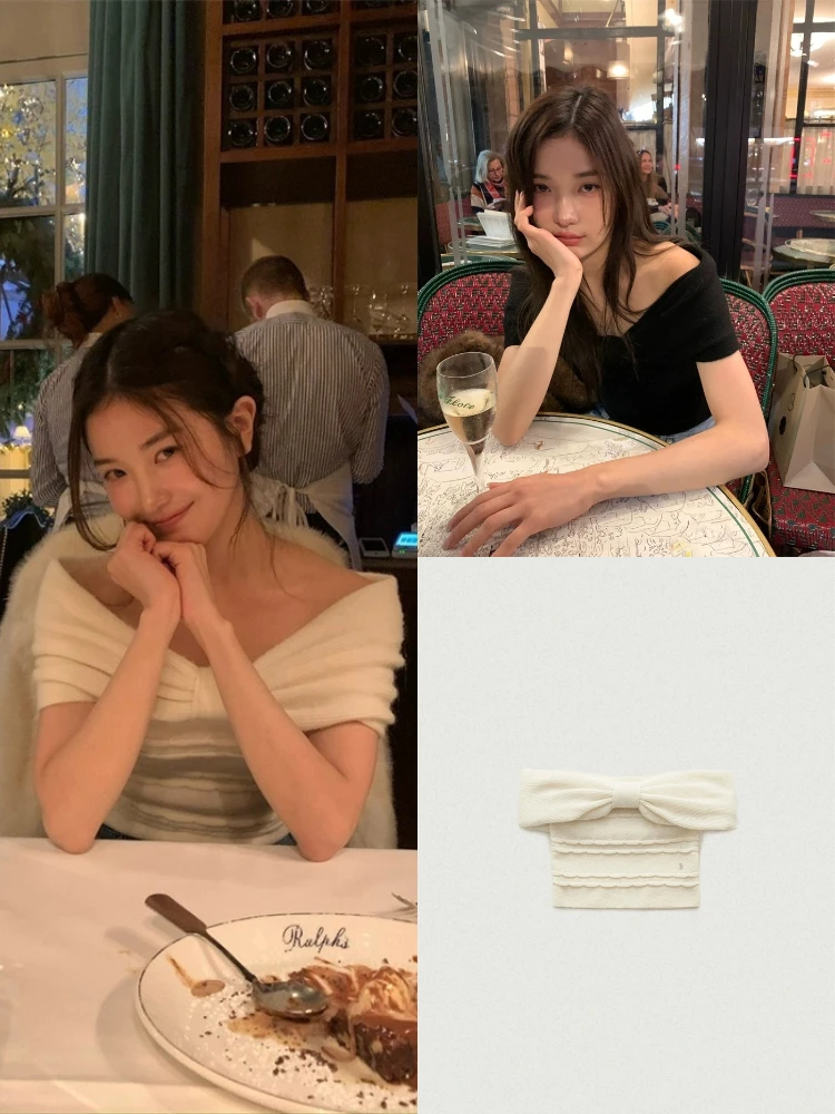 

Романтический облегающий вязаный свитер на одно плечо с узлом, зима 2024, женский повседневный цветной длинный све