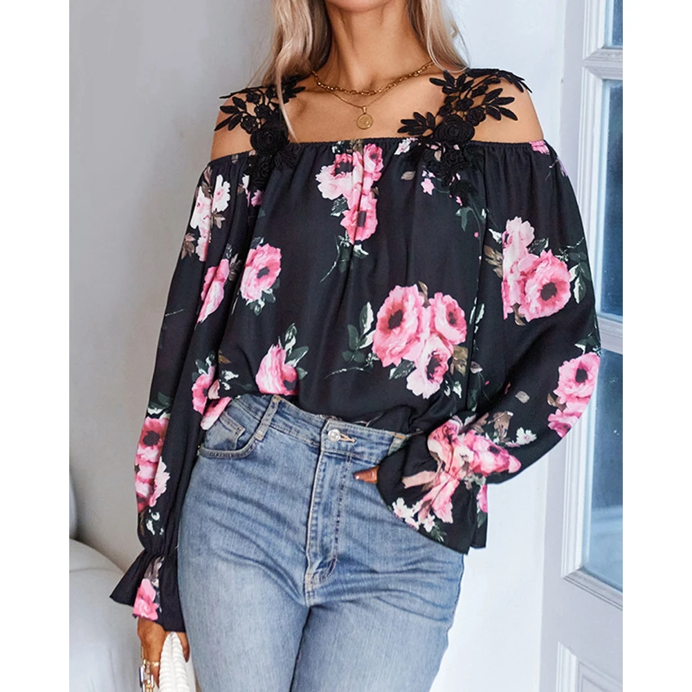 Women Floral Print Lantern Sleeve Off Shoulder Blouse Femme Casual Sexy Floral Lace Strap Top Elegant Blouses for Women Fashion
