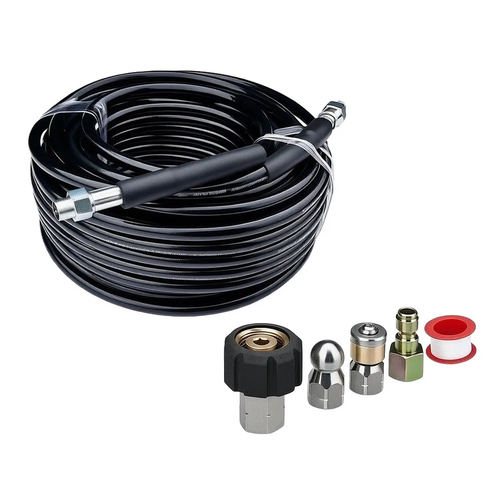 15M High Pressure Drain Cleaning Hose with Rotating Stainless Steel Nozzle Set for Cars Driveways Outdoor Furniture