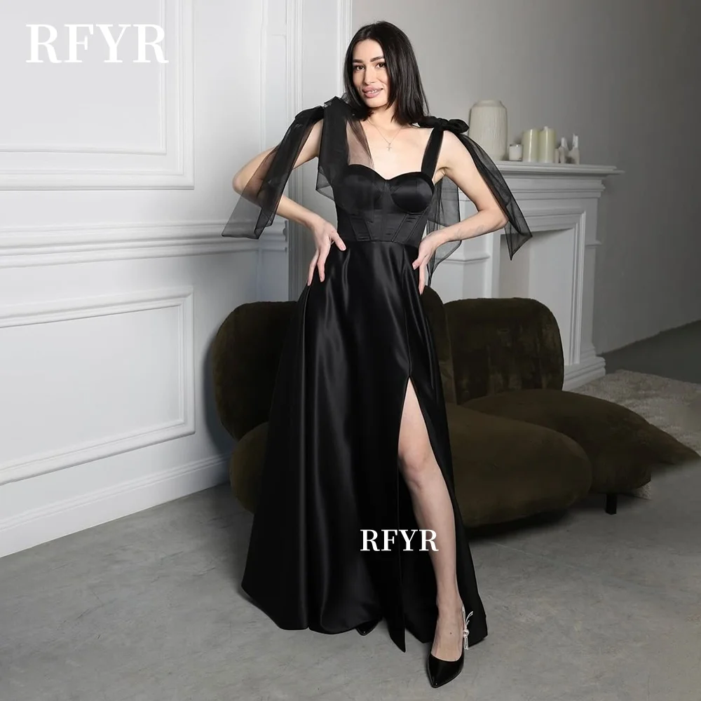 

RFYR Black Prom Dress A Line Party Dress Bow Straps Princess Dress Sweetheart Evening Dress for Arabic Women Customized