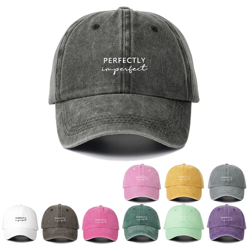 Casquette de baseball pour femme à visière incurvée avec impression « Perfectly Imperfect », casquette de baseball vintage lavée pour toutes les saisons