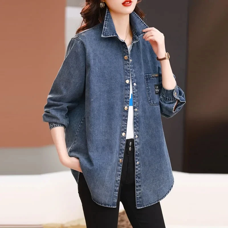 New Autumn Women Denim Shirt Korean Long Sleeve Blue Jean Blouse Female Elegant Blouses Single Breasted 100% Cotton Casual Tops