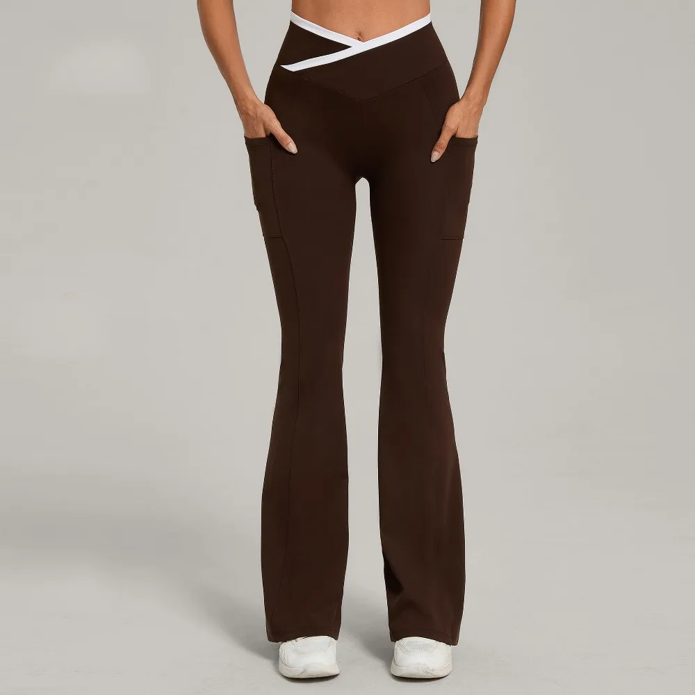 

Брюки для йоги с расклешенными штанинами и контрастными карманами с обеих сторон, с перекрестным поясом, для бега, фитнеса, спорта, облегающие, широкие, с широкими штанинами