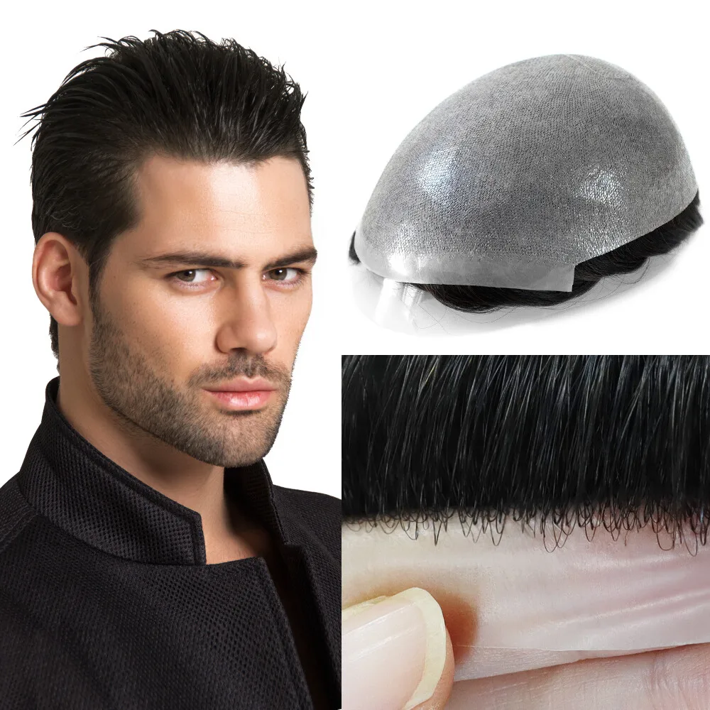 

Custom Men Toupee Full PU Skin Base Human Hair 0.12mm 0.08mm 0.1mm Base Thickness Hair System & Replacement Wig