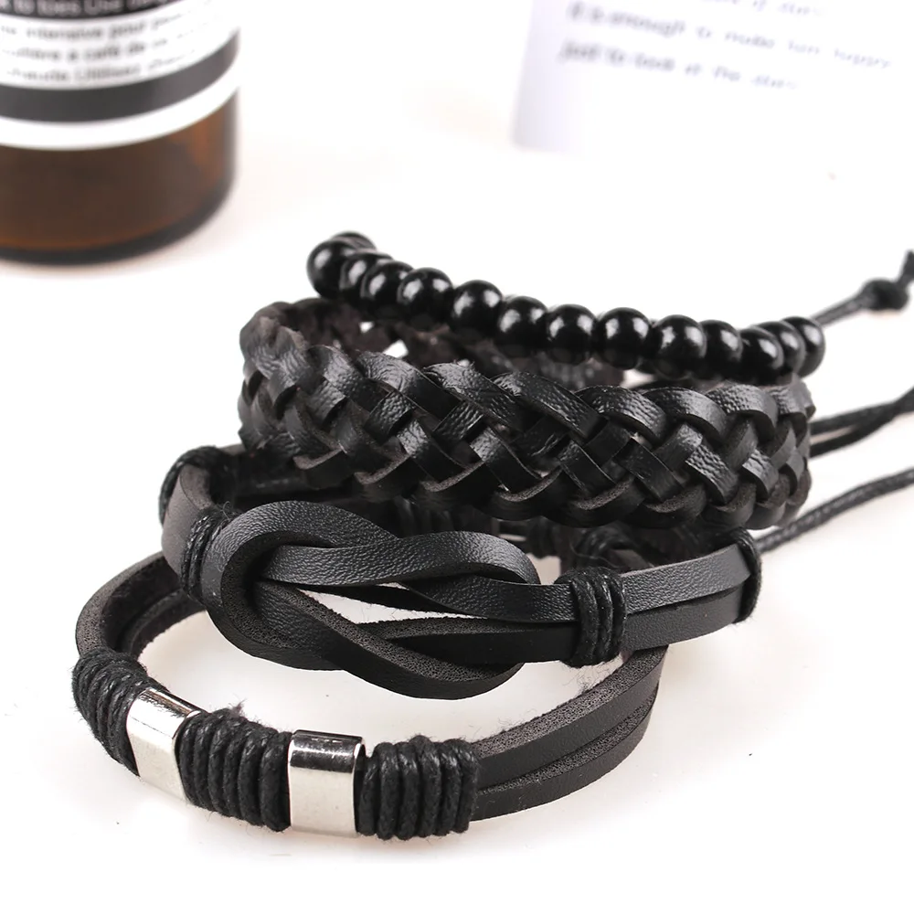 Fashionable Commuter Bracelet Men Black Knot Beaded Set of Four Pieces Multi layer Leather Handwoven Handmade Ornament Bracelet