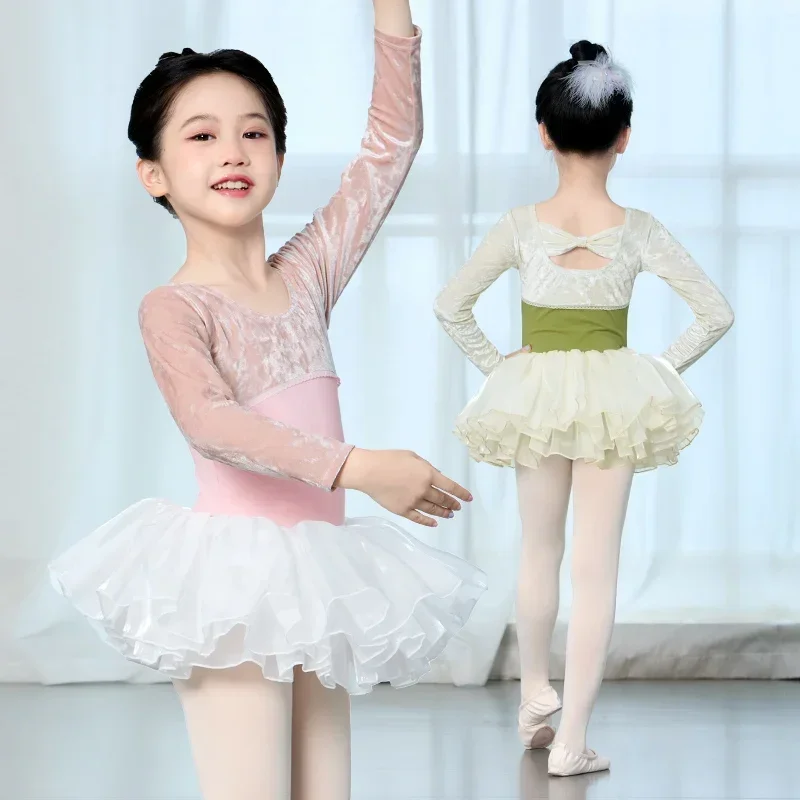 Girls Ballet Leotards with Organza Puffy Skirts Long Sleeve Dance Tutu Dress Kids Child Velvet Ballet Bodysuit Ballet Dress