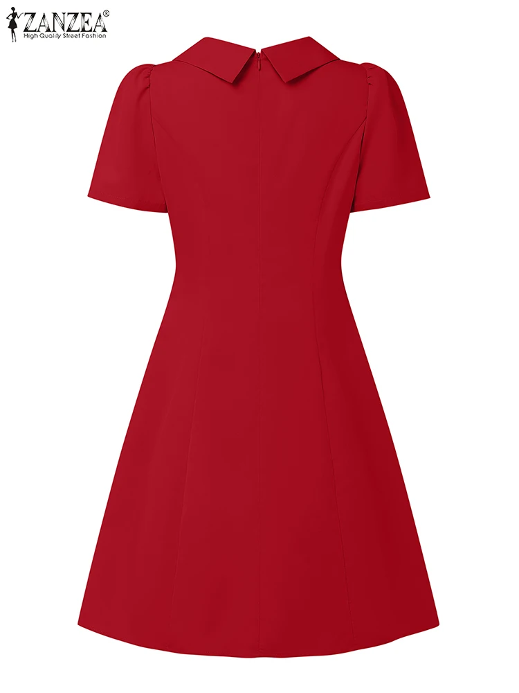ZANZEA Fashion Chic Woman Knee-Length Dresses Elegant Turn-Down Collar Short Sleeve Waist-Gathered A-Line Robe OL Vestidos Mujer