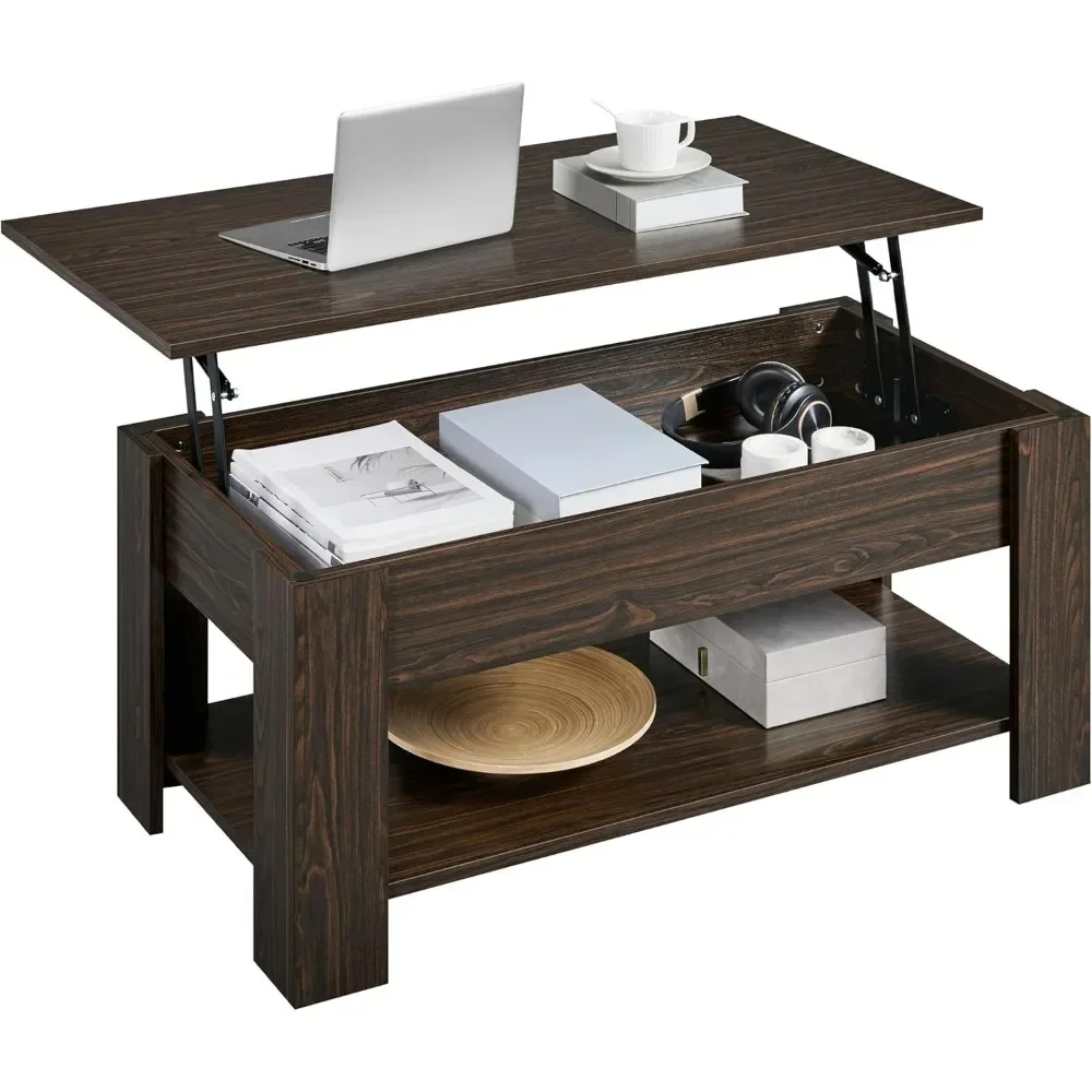 Table basse relevable avec compartiment GNE et étagère de rangement, table de salle à manger montante pour salon, 38,6 pouces L, expresso