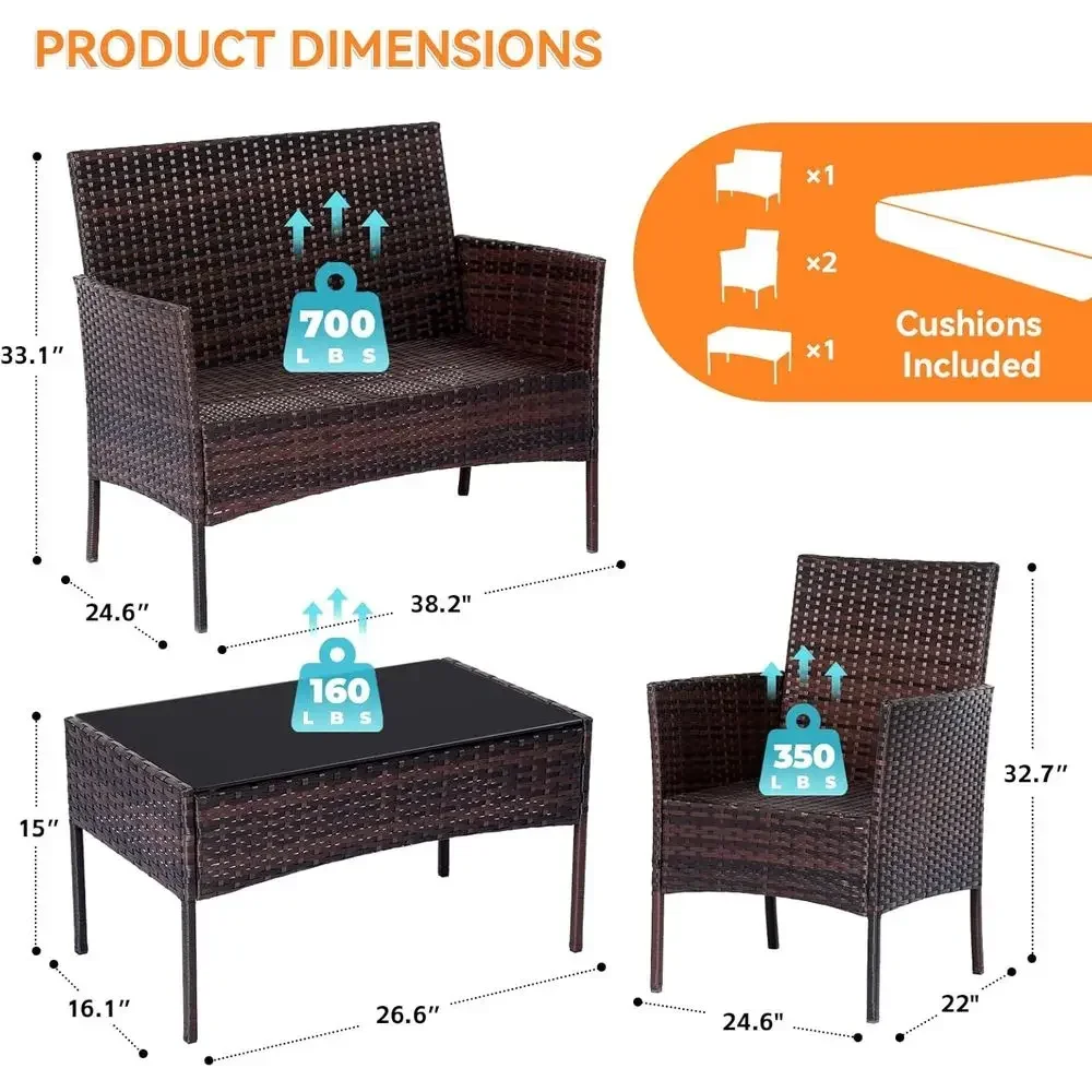 4-Piece Outdoor Patio Furniture Set with Cushions and Tempered Glass Table for Garden, Balcony, Yard, or Poolside in Brown/Beige
