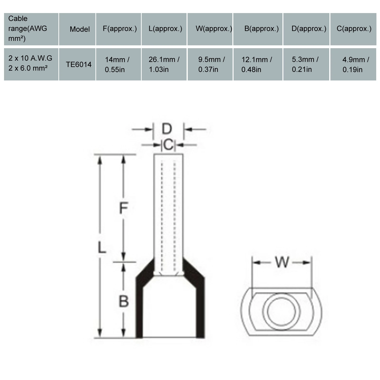 100Pcs Cord End Terminals 2 Insulated Ferrule Pin Copper Crimp Connector AWG 10 6.0mm² TE6014