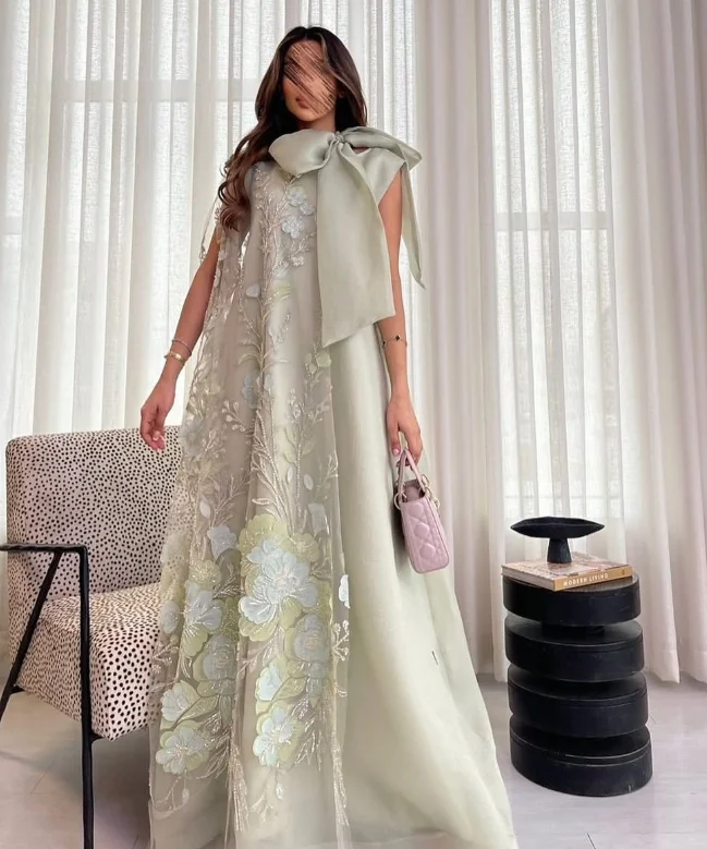 Customized High Quality Floor Length Sleeveless Bow Appliques Green Long Evening Dresses Formal Dress Women Elegant  فساتين سهرة image 2