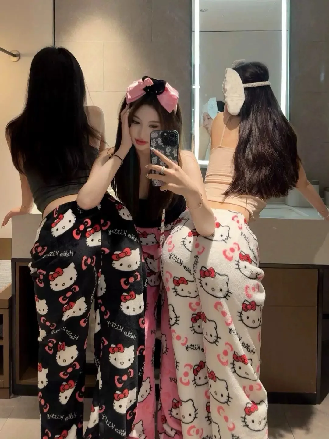 Y2K أنيمي سانريو مرحبا كيتي الفانيلا بنطلون بنطلون بيجاما المرأة Kawaii الدافئة ومريحة ملابس المنزل هدايا العيد #1