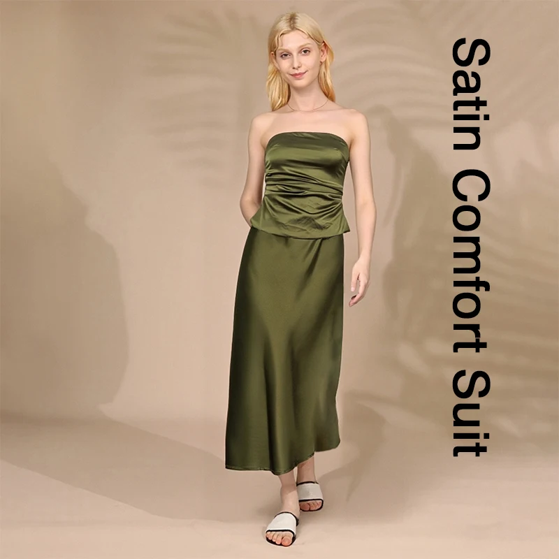 

Summer Women's Strapless Set New Satin Elegant Solid Color Sexy Strapless Top+Skirt 2-piece Set For Vacation Wear신상투피스,520091WBG