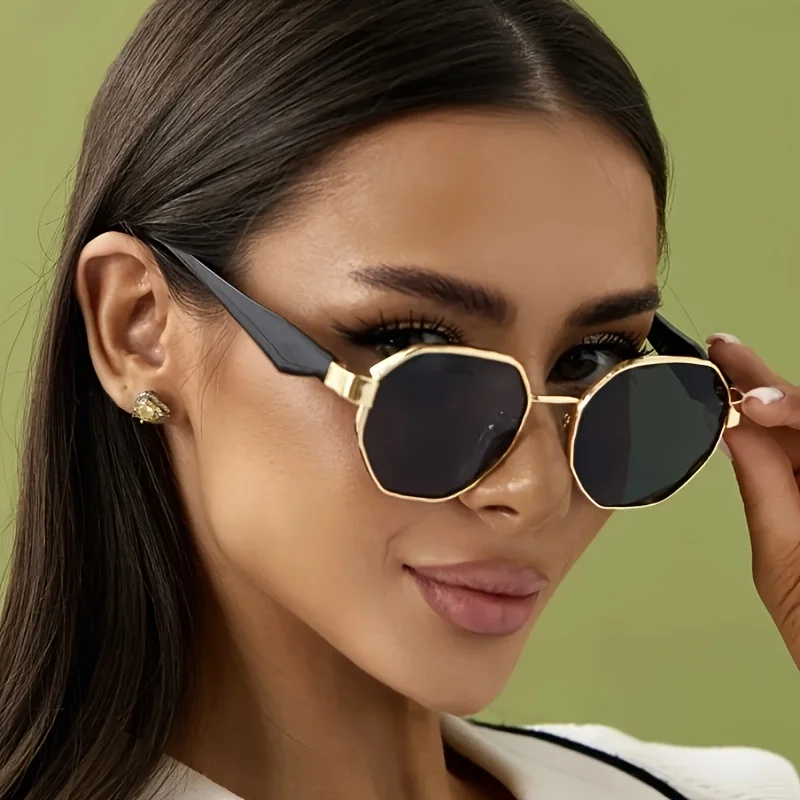 Cycling 2pcs Polygon Metal Frame Sunglasses Women Fashion Gradient Sunglasses Men Luxury Brand Design Decorative Glasses Uv400