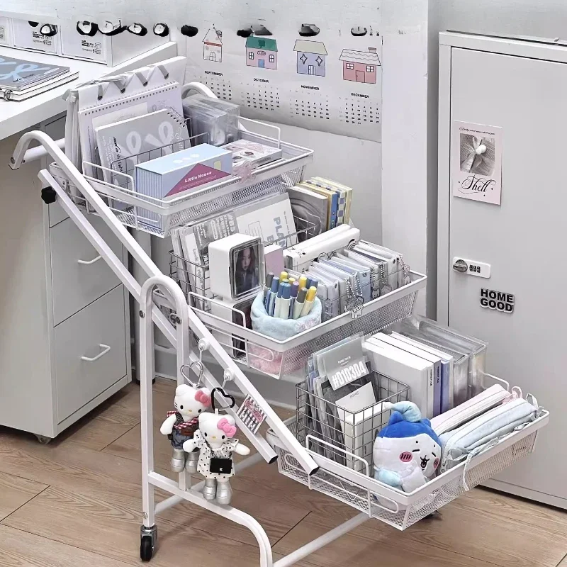 Large capacity stationery trolley removable foldable carbon steel snacks bedroom storage storage rack next to desk