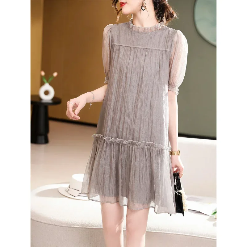 Summer New Casual Fashion Korean Style Slim-fitting Casual Easy-matching Elegant French Short-sleeved Straight Dress for Women