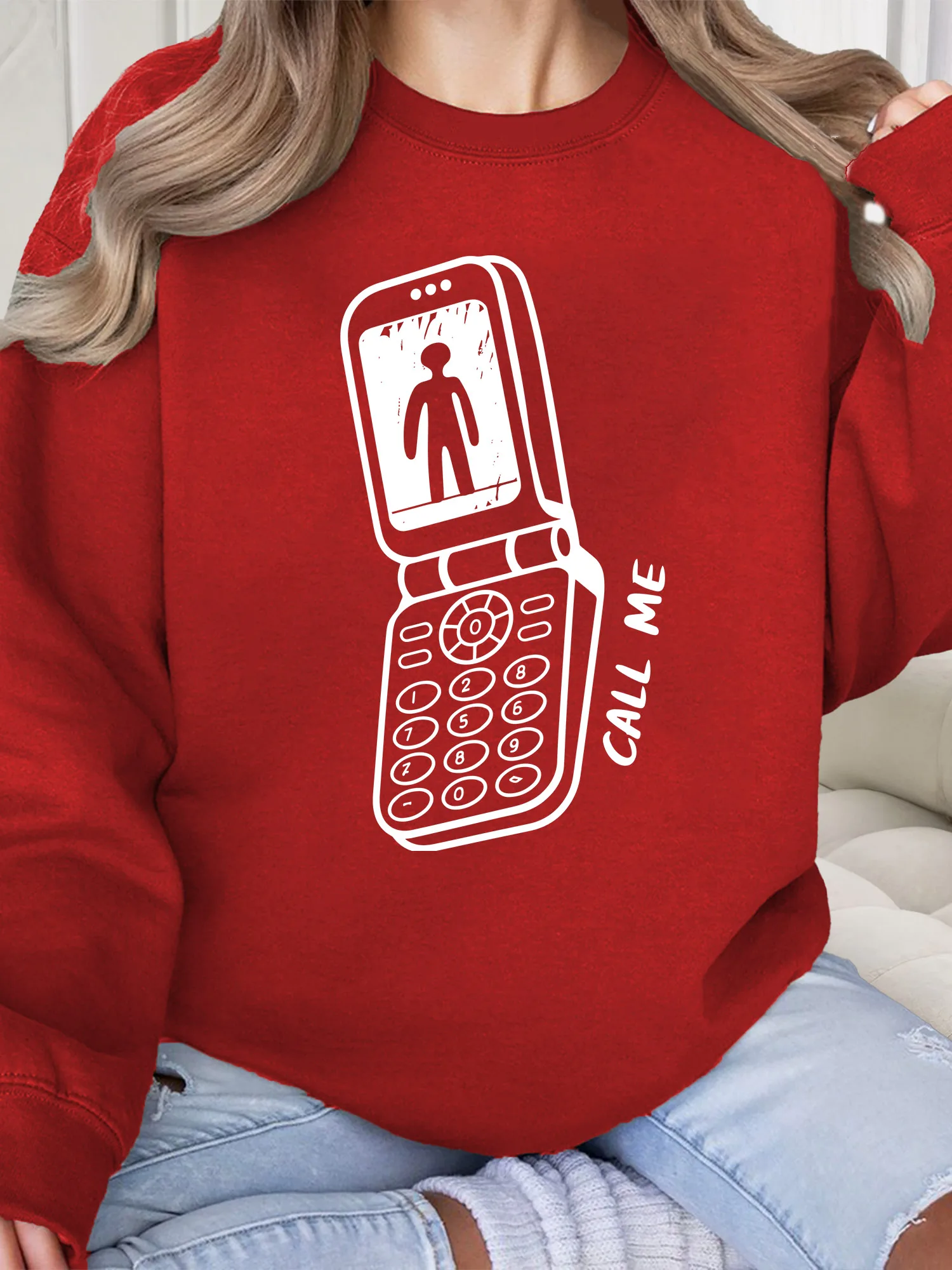 

Женская толстовка с круглым вырезом Call Me, повседневный пуловер с длинными рукавами, свободный крой, для ежедневной носки