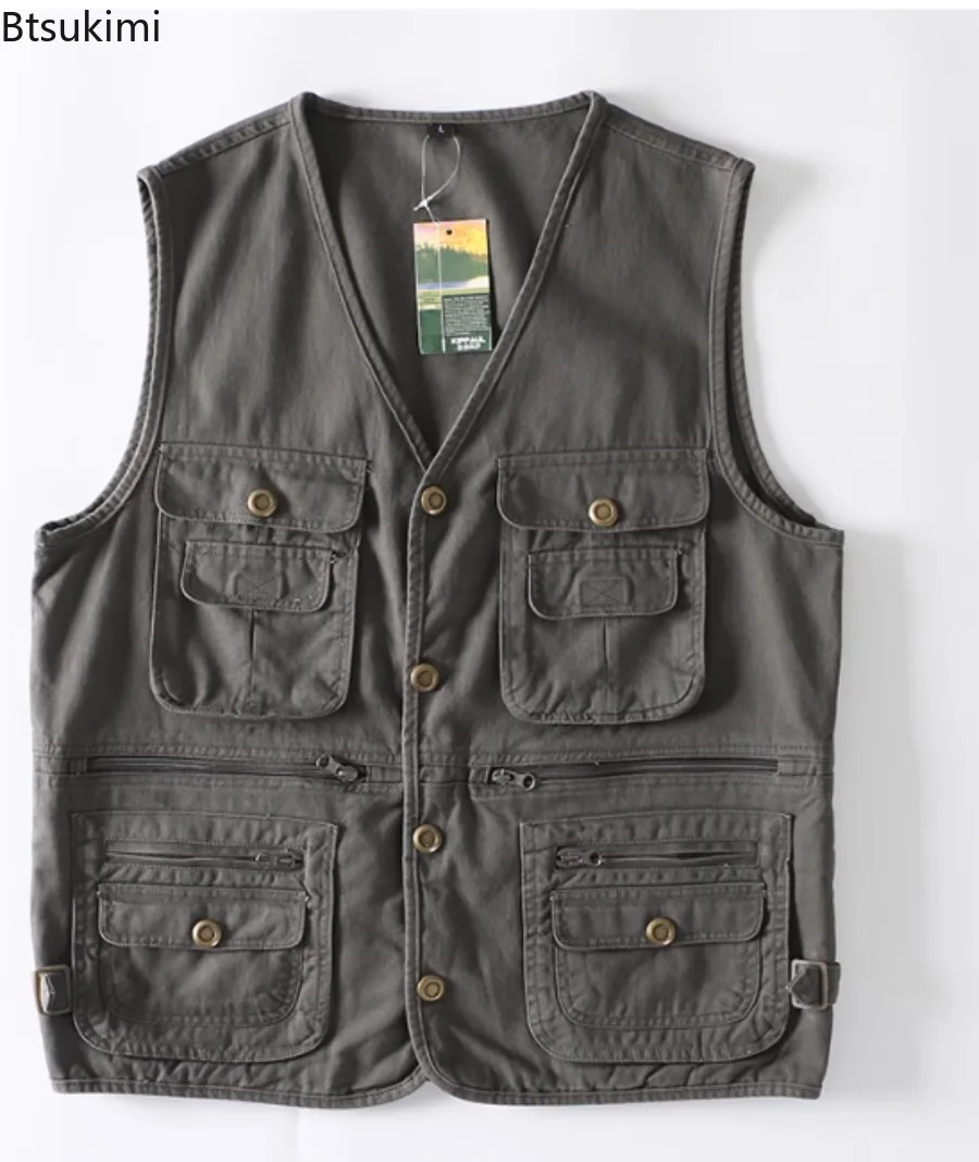 Men's Cotton Vest Multi-Pocket Cargo Vest Breathable Waistcoat Outdoor Climbing Mountaineering Kiking Vest Fishing Casual Vests