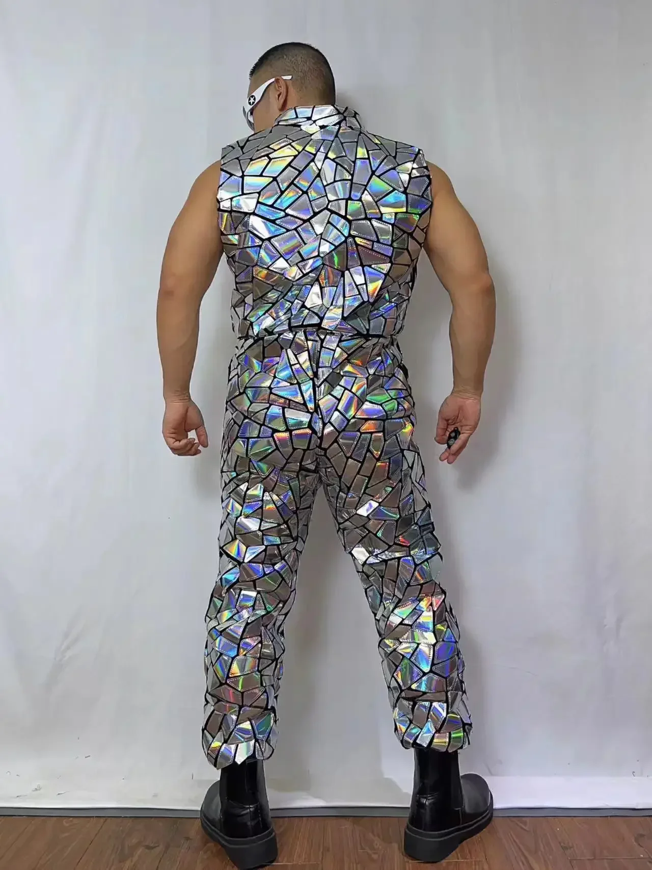 Glitter Silver Laser Mirror Sleeveless Jumpsuit Men Hip Hop Dance Team Bar Stage Performance Costume Festival Party Rave Outfits